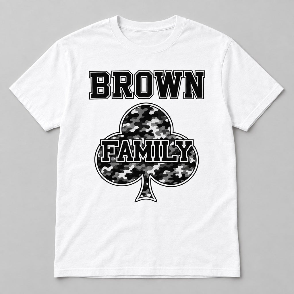 Your Family Name Camo Club tee, shown with BROWN