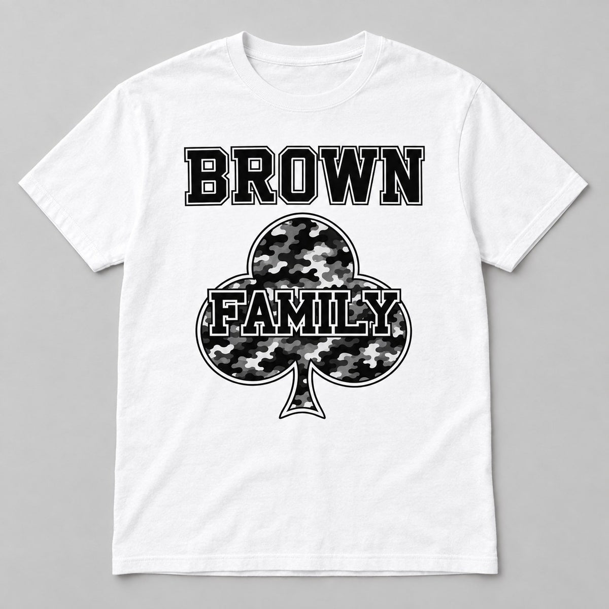 Your Family Name Camo Club tee, shown with BROWN