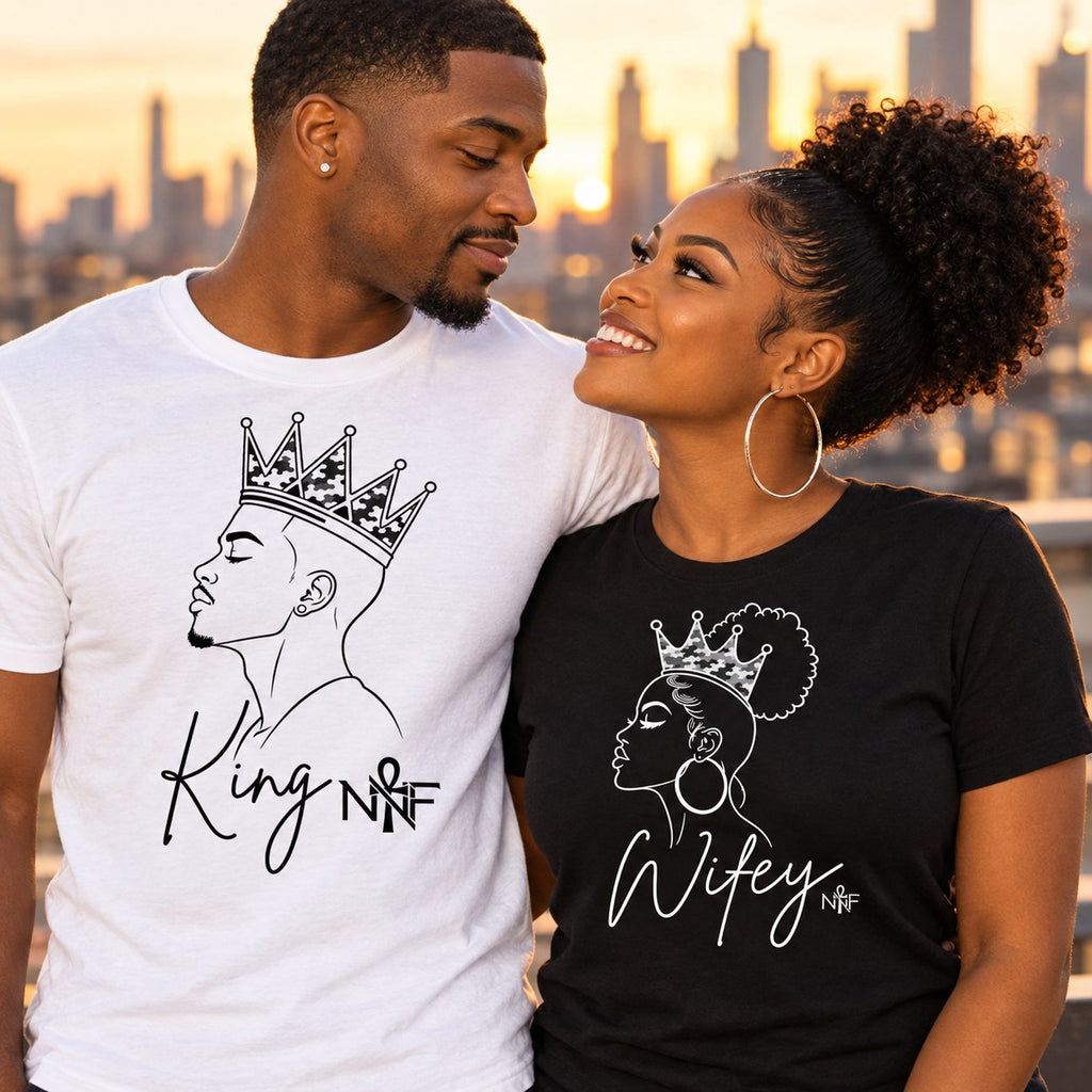 Couple in King and Wifey camo crown tees