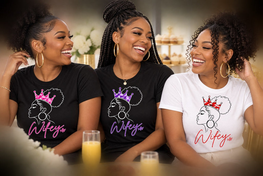 Friends in Wifey Camo Crown tees at a bridal brunch