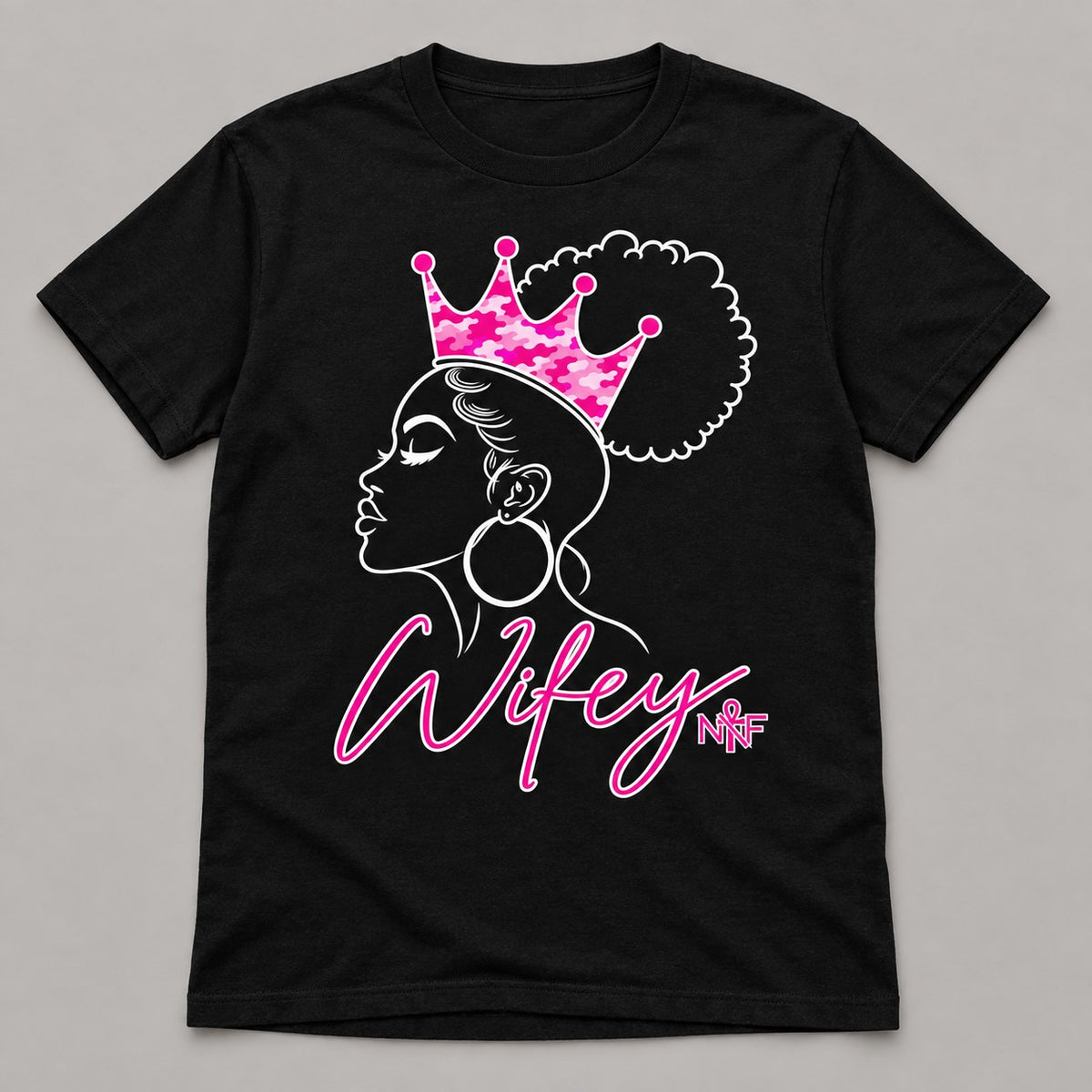 Wifey Camo Crown tee, pink camo on black